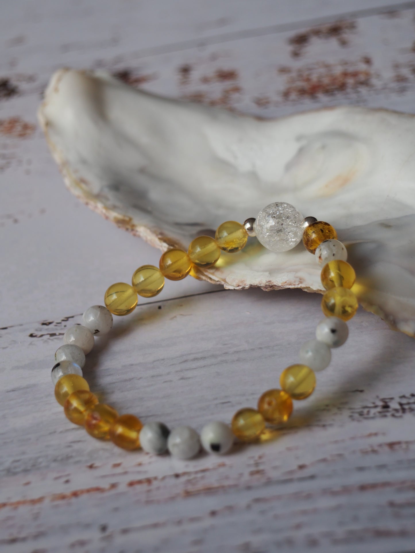 Unique Citron Amber, Moonstones and Mountain Crystal Beaded Bracelet with 925 Silver