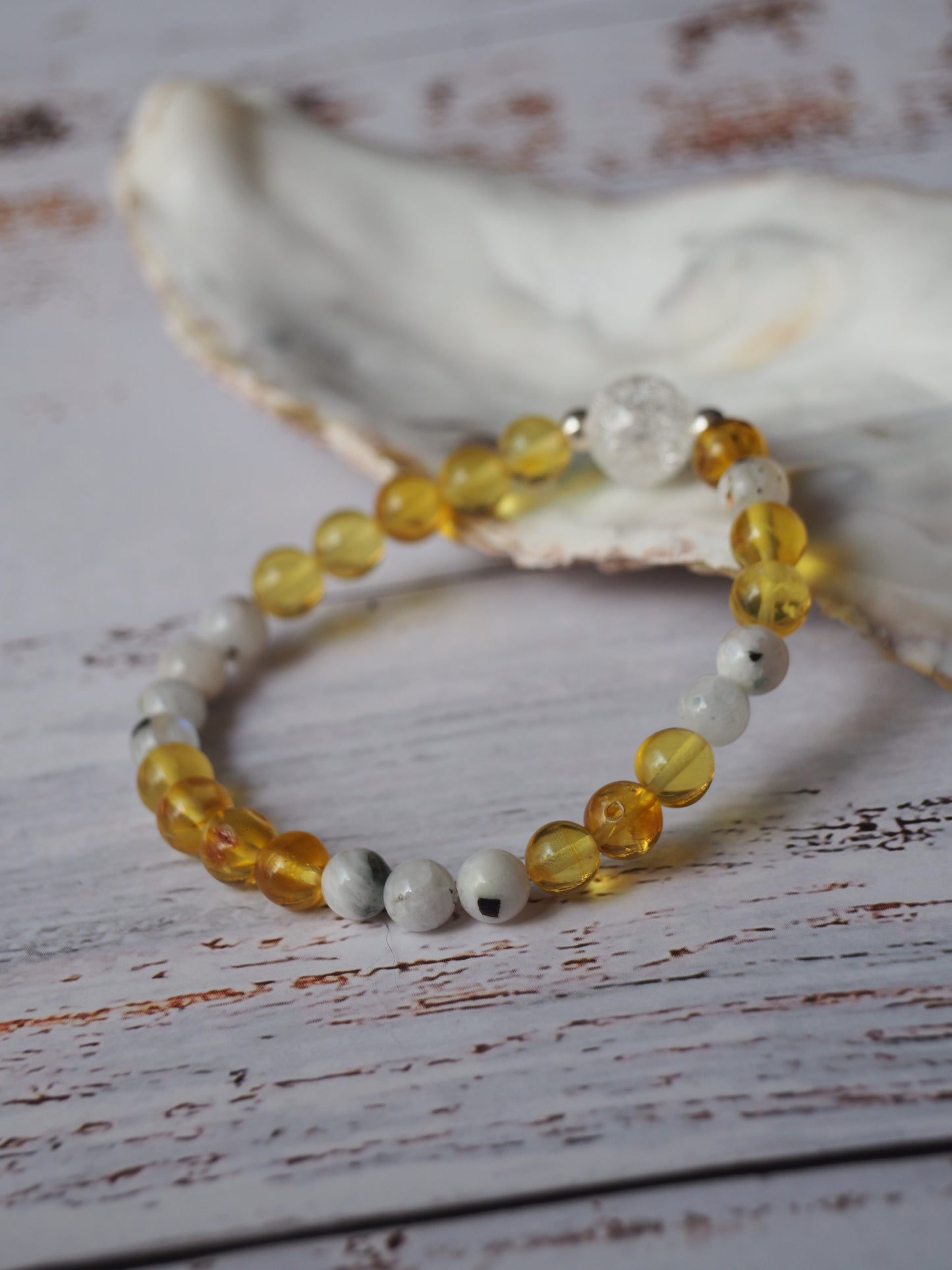 Unique Citron Amber, Moonstones and Mountain Crystal Beaded Bracelet with 925 Silver
