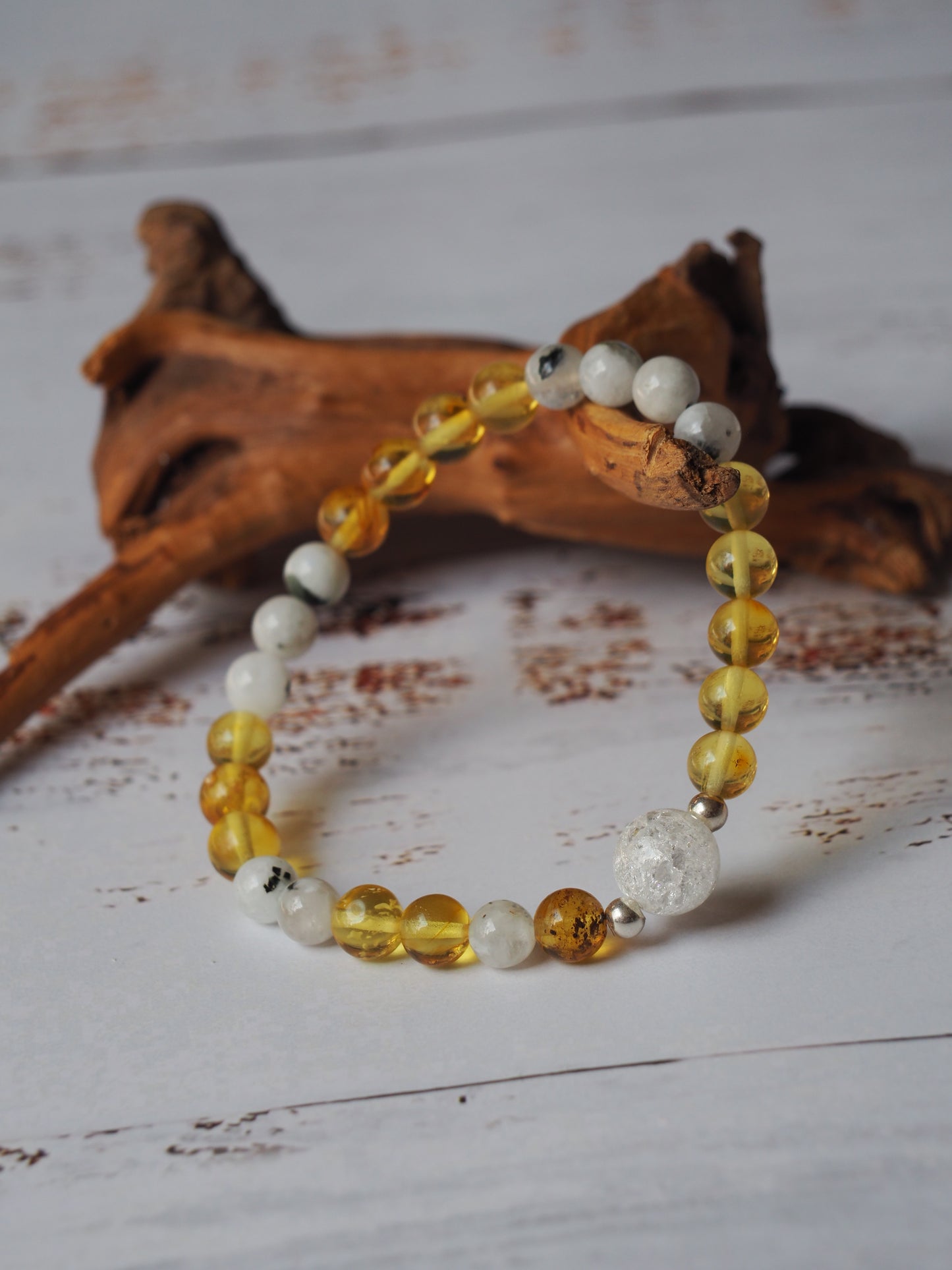 Unique Citron Amber, Moonstones and Mountain Crystal Beaded Bracelet with 925 Silver