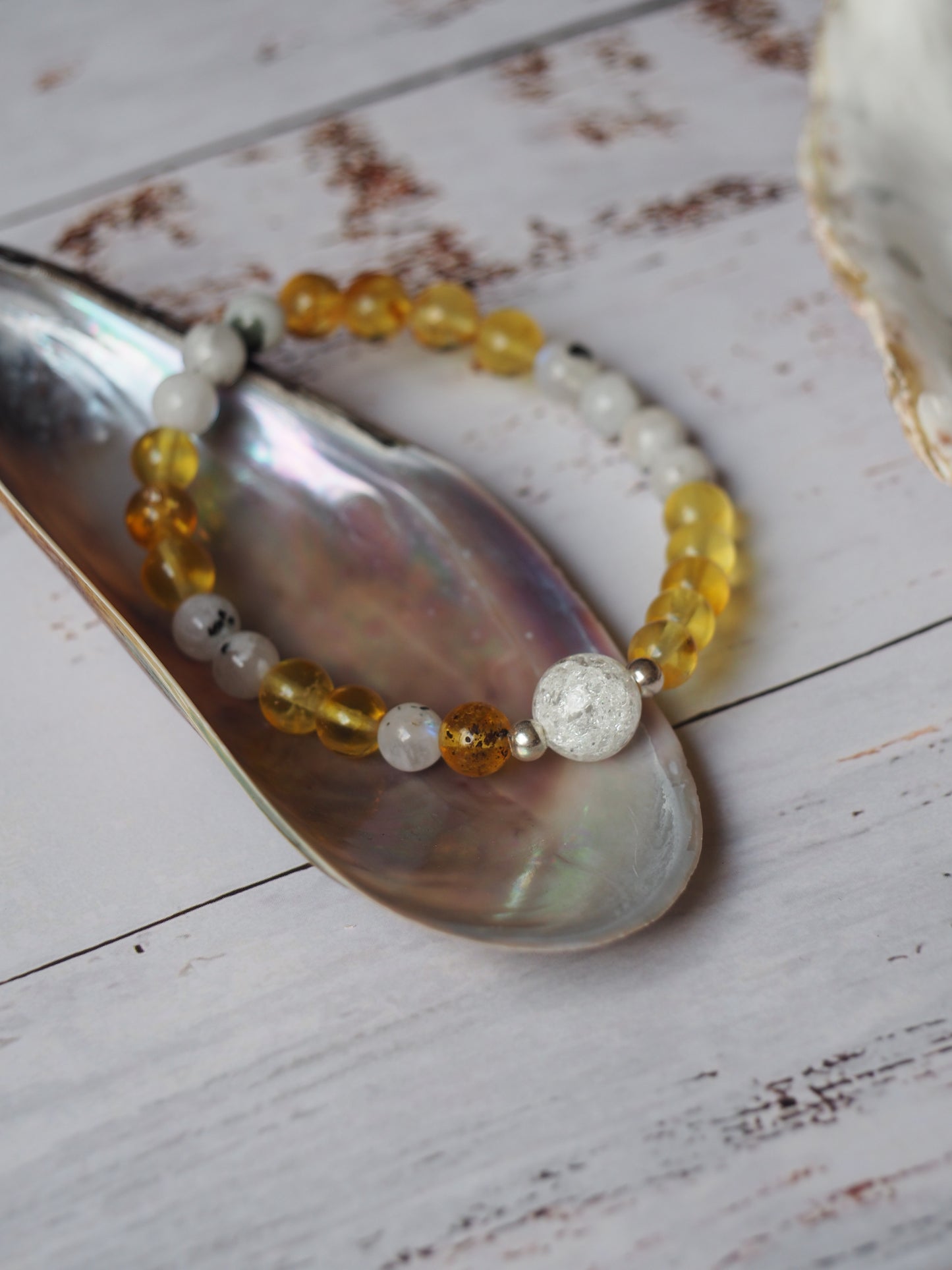 Unique Citron Amber, Moonstones and Mountain Crystal Beaded Bracelet with 925 Silver