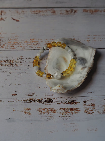 Unique Citron Amber, Moonstones and Mountain Crystal Beaded Bracelet with 925 Silver
