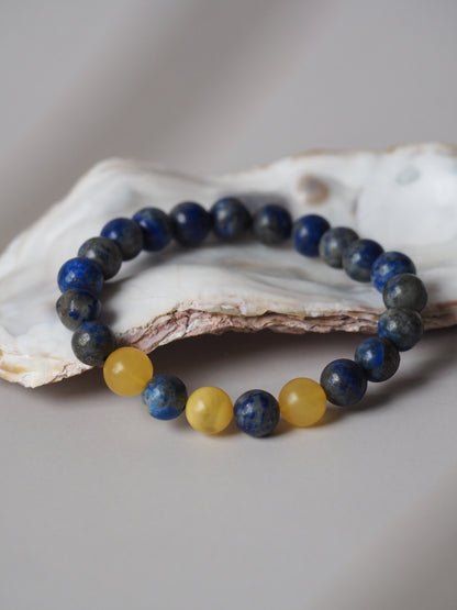 Natural Cloudy Amber and Lapis Lazuli Beaded Bracelet