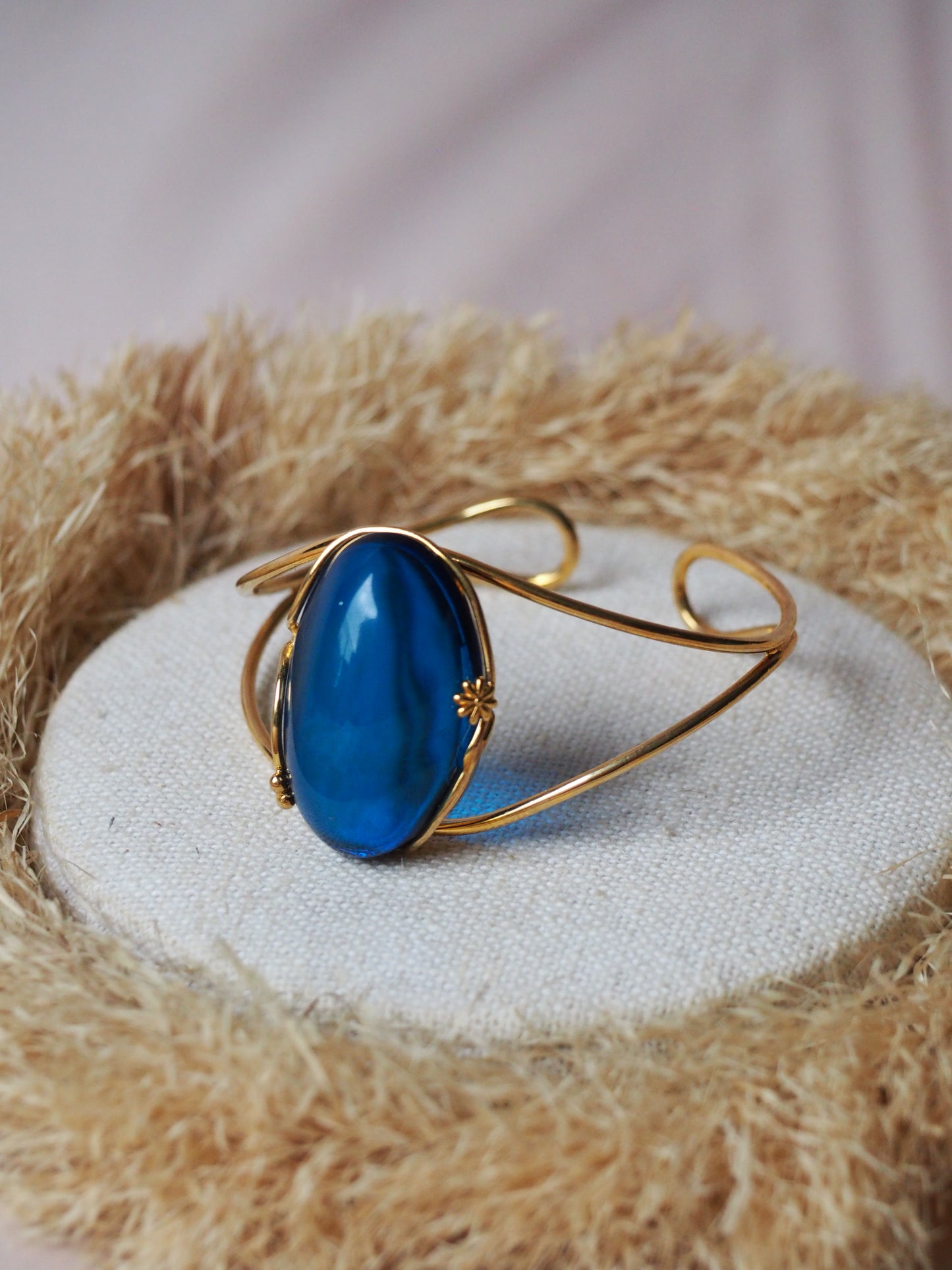 Oval Shape Blue Amber Gold Plated Cuff Bracelet