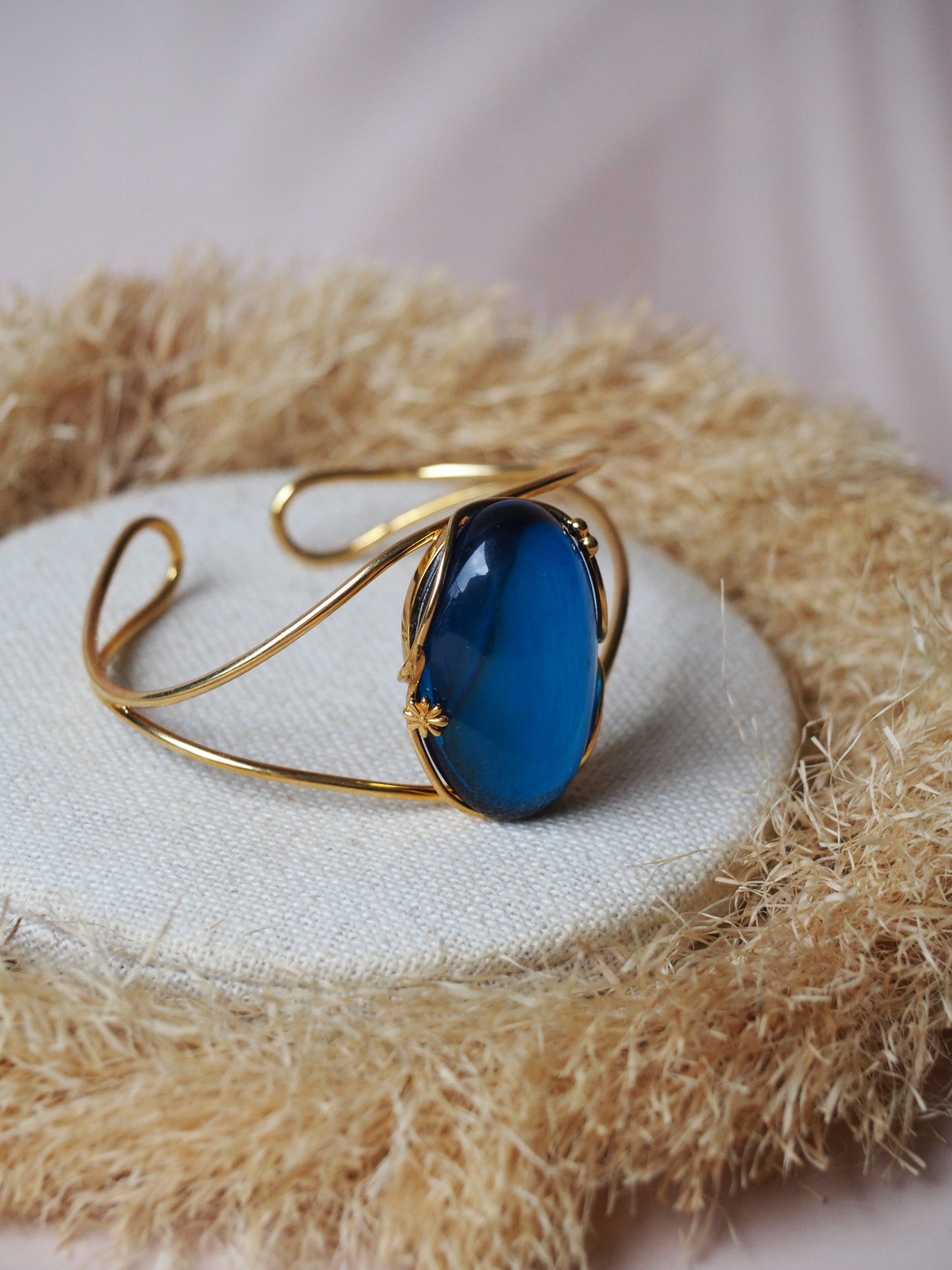 Oval Shape Blue Amber Gold Plated Cuff Bracelet