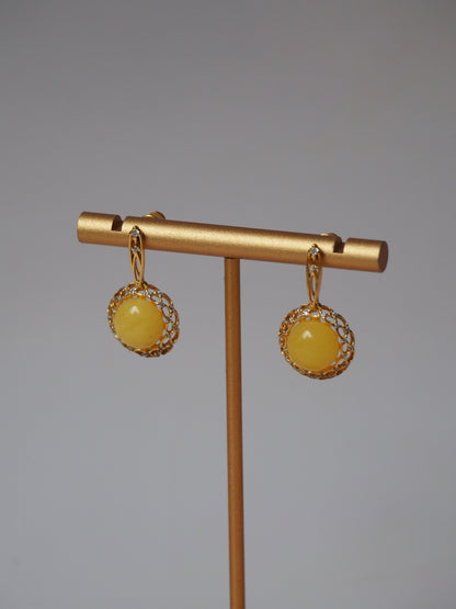 Delicate Mesh Butterscotch Amber Earrings with Rhinestones