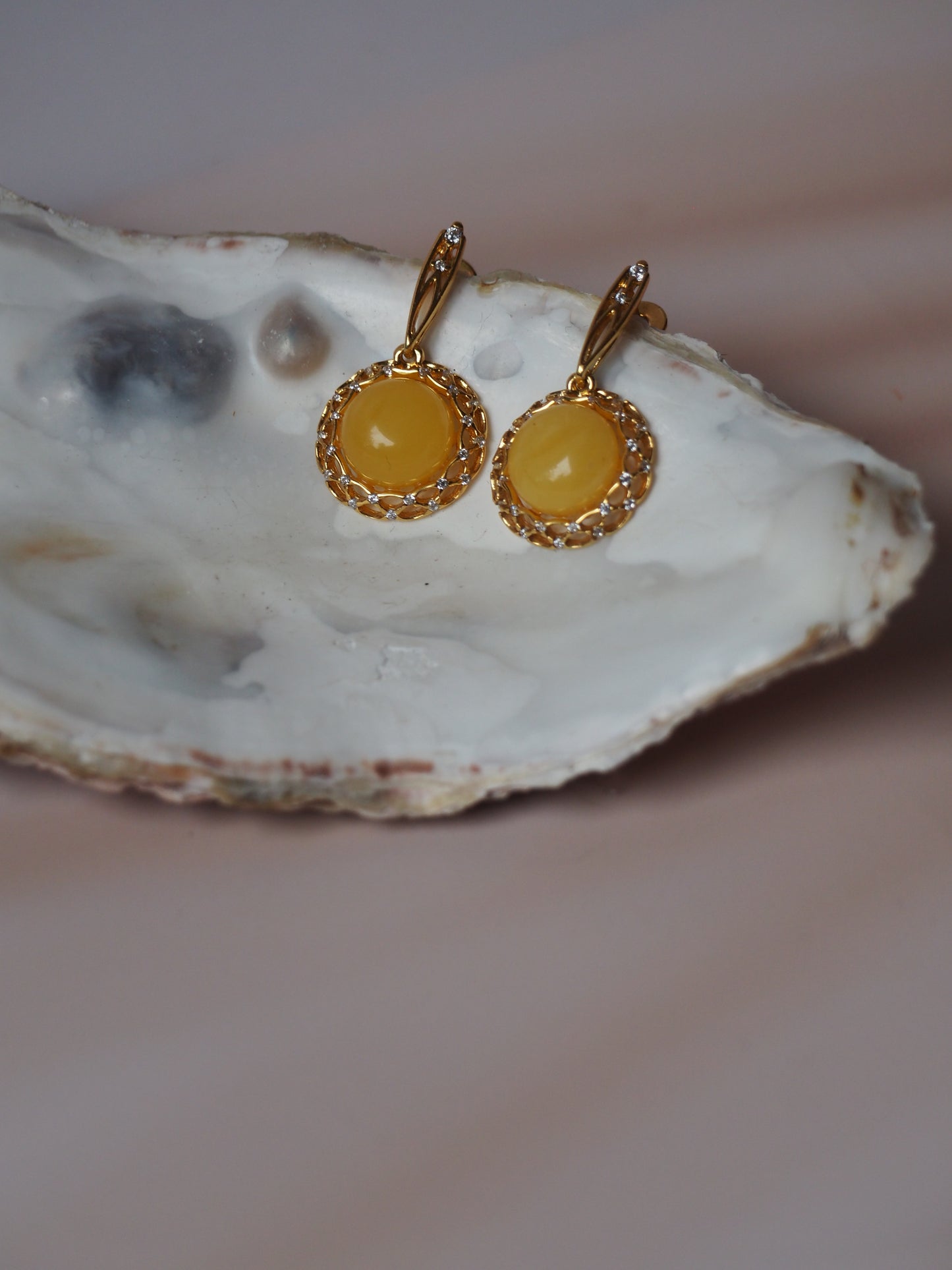 Delicate Mesh Butterscotch Amber Earrings with Rhinestones