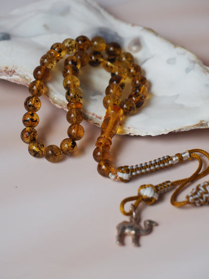 Natural Green Amber Micro Rosary 33 Beads with Silver Pendant