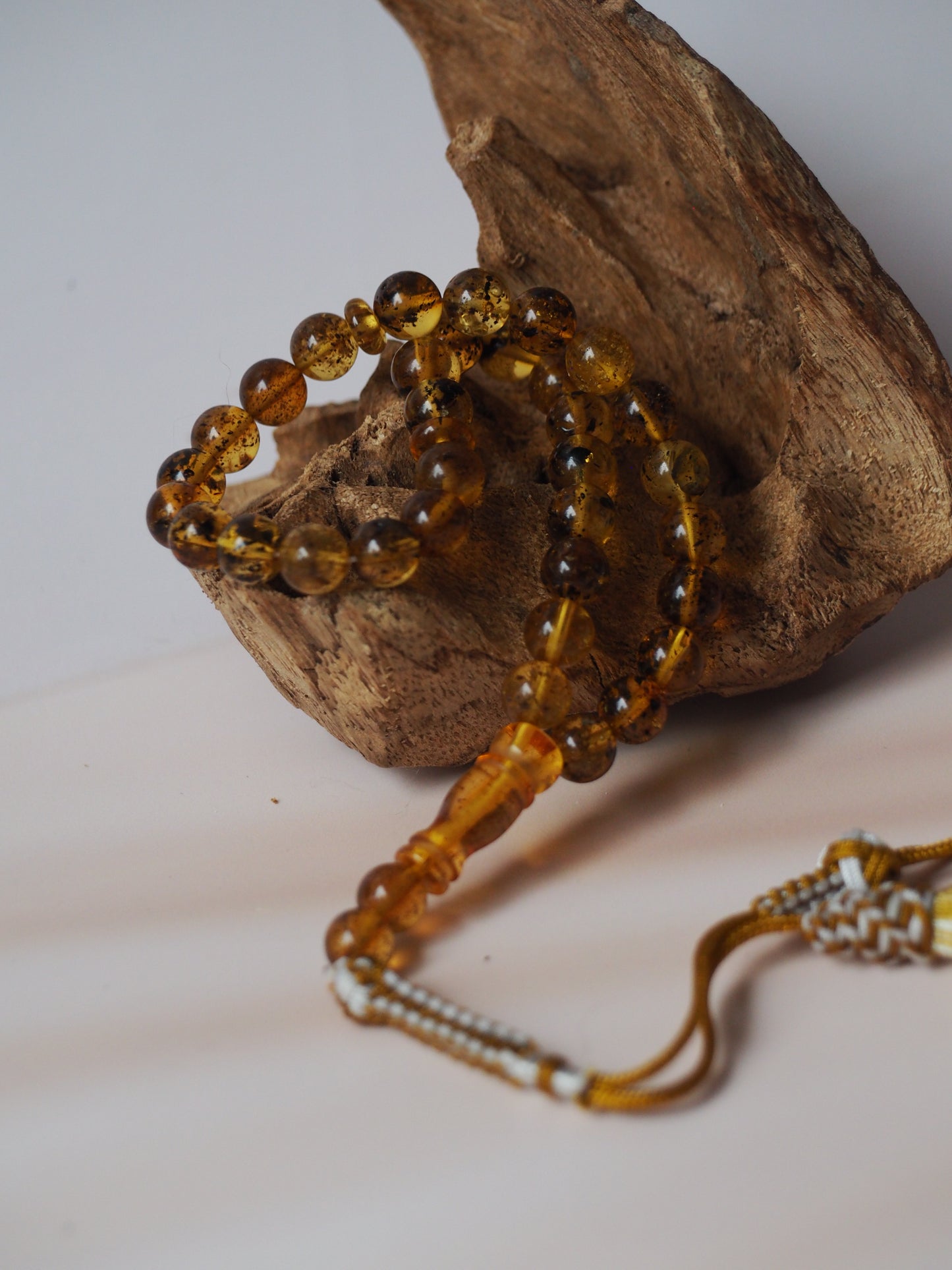 Natural Green Amber Micro Rosary 33 Beads with Silver Pendant