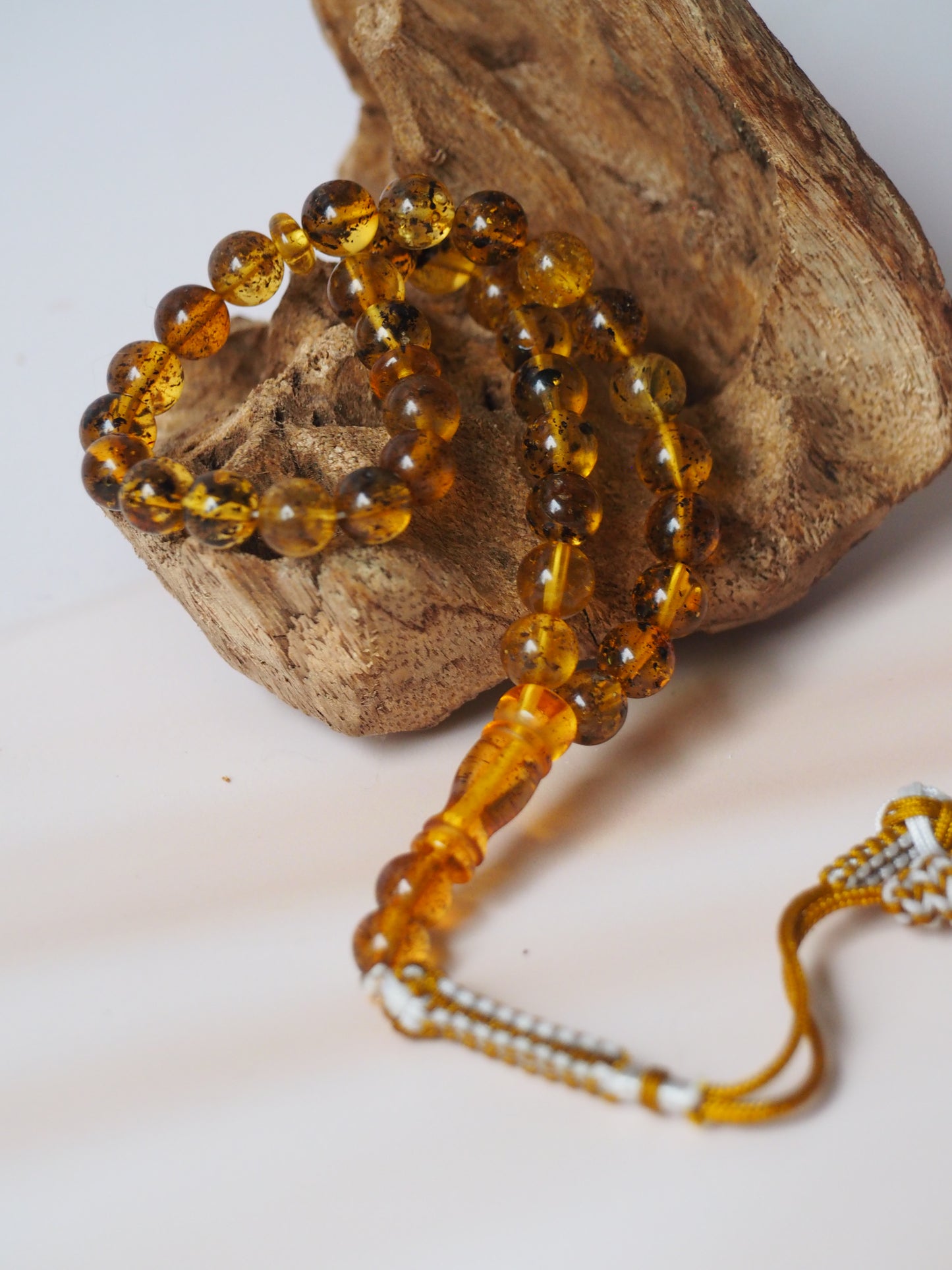 Natural Green Amber Micro Rosary 33 Beads with Silver Pendant