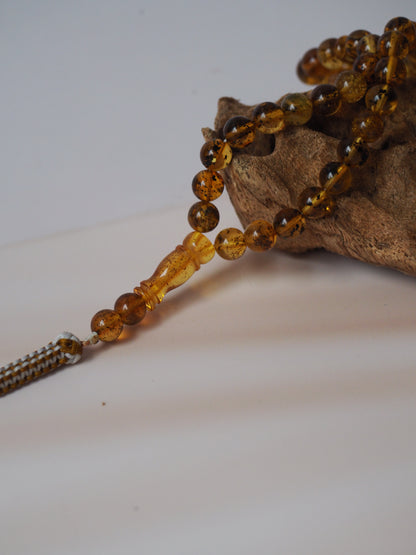 Natural Green Amber Micro Rosary 33 Beads with Silver Pendant