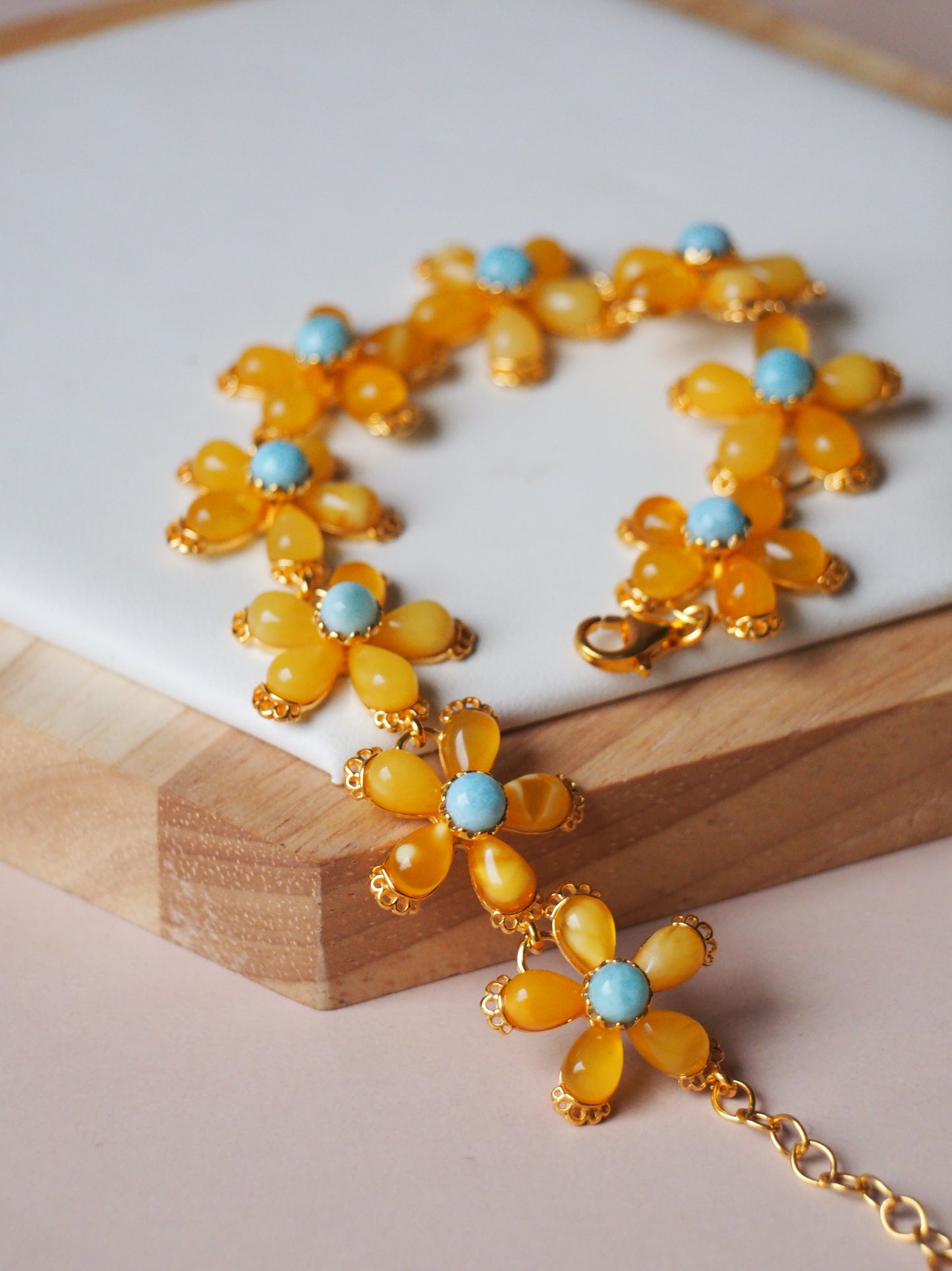Natural Butterscotch/ Honey/ Royal White Amber Bracelet with Larimar