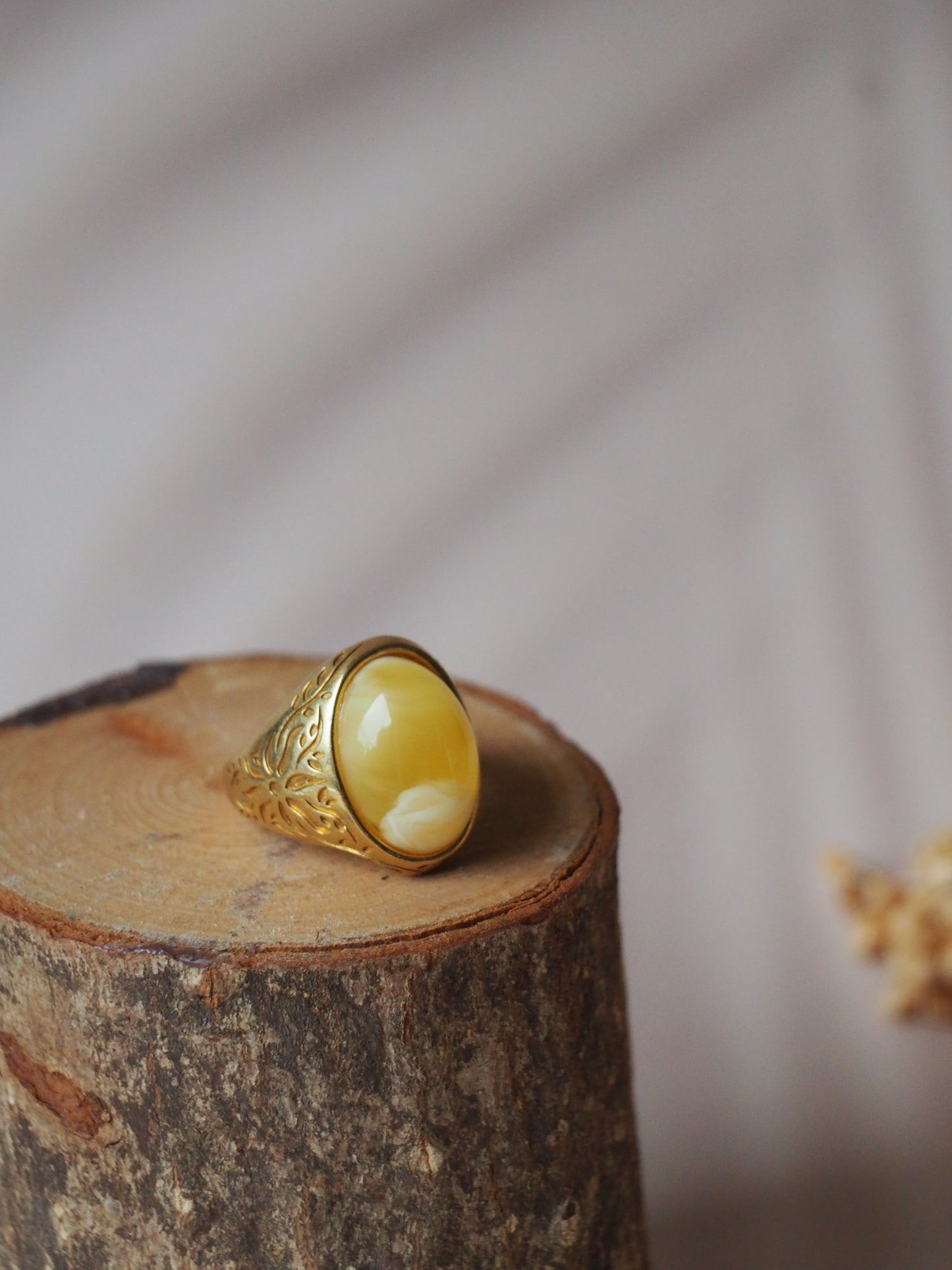 Honey and Royal White Amber Inclusion Oval Gold Plated Ring