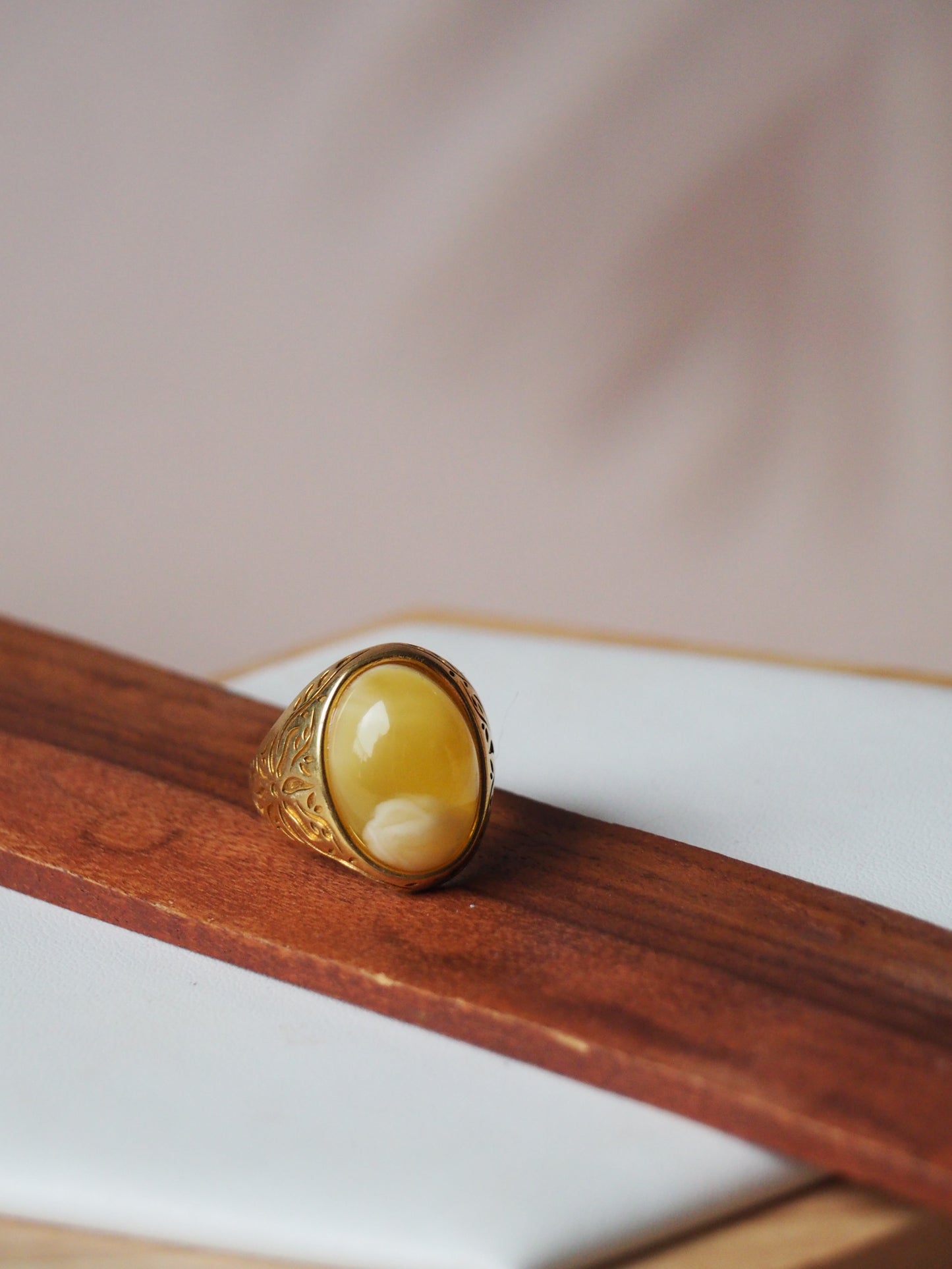 Honey and Royal White Amber Inclusion Oval Gold Plated Ring