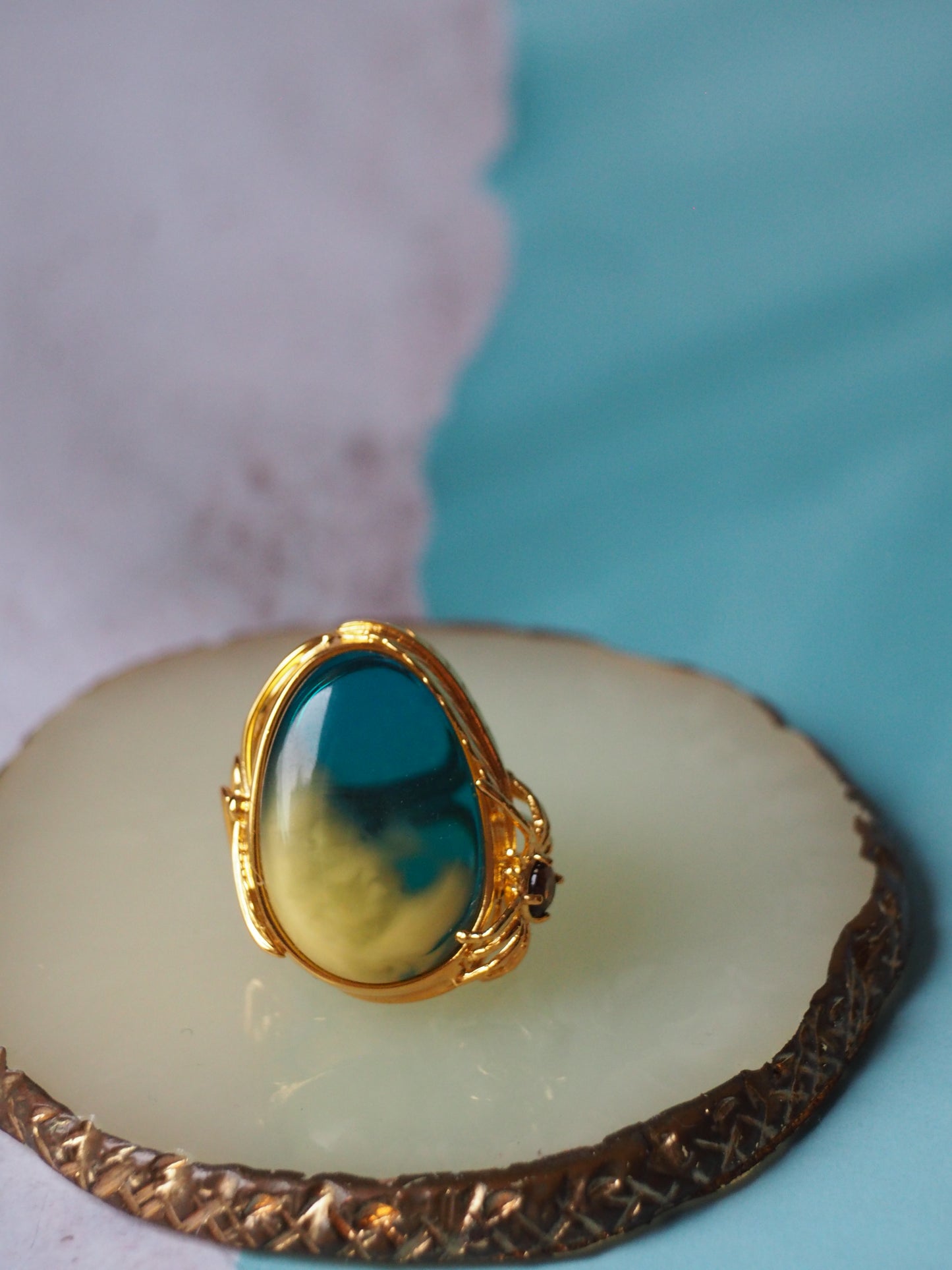 Unique Blue Amber Ring with Milk Inclusion & Amethyst