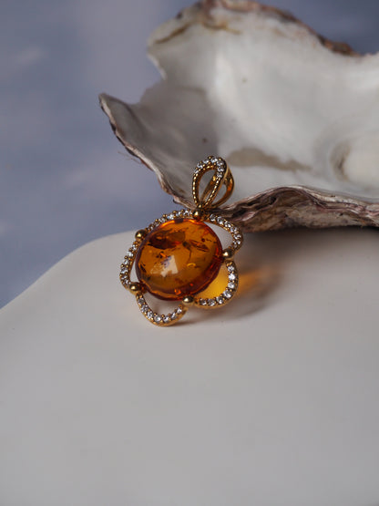 Delicate Flower Shaped Cognac Amber Pendant with Cubic Zirconia in Gold Plated Silver