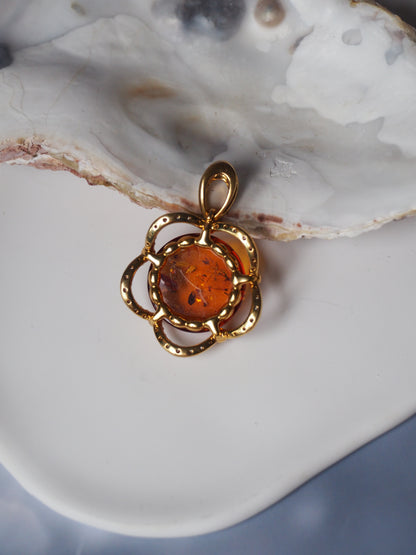 Delicate Flower Shaped Cognac Amber Pendant with Cubic Zirconia in Gold Plated Silver