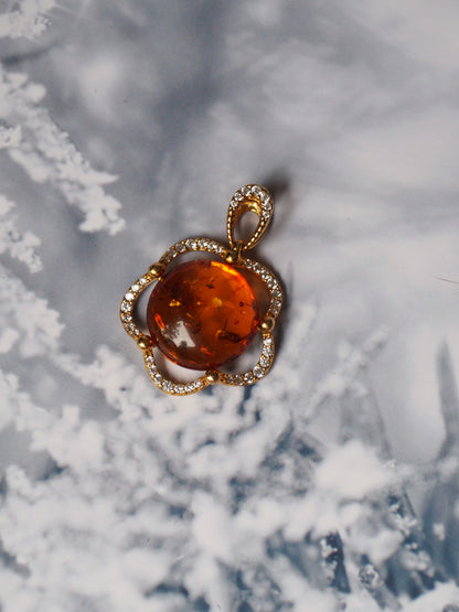 Delicate Flower Shaped Cognac Amber Pendant with Cubic Zirconia in Gold Plated Silver