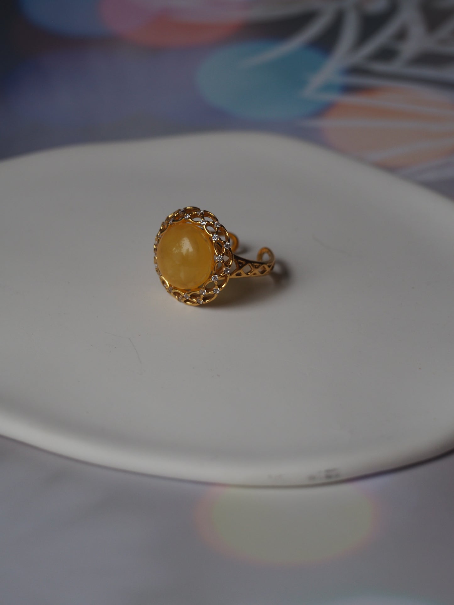 Delicate Mesh Butterscotch Amber Ring with Rhinestones