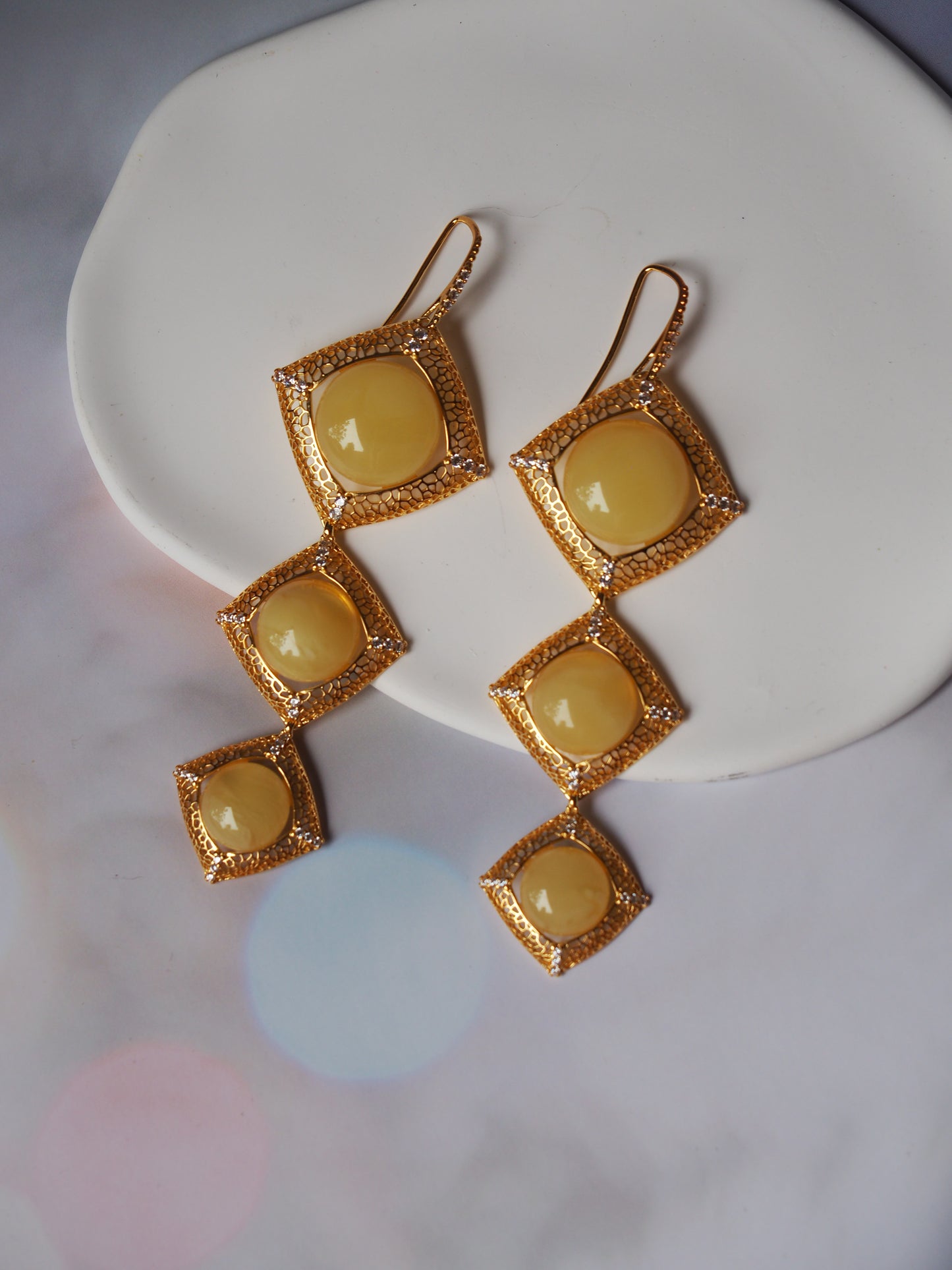 Butterscotch Amber Triple Square Dangling Earrings with Zirconia in Gold Plated Silver