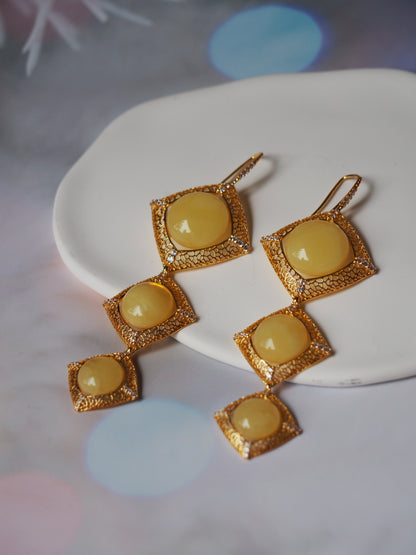 Butterscotch Amber Triple Square Dangling Earrings with Zirconia in Gold Plated Silver