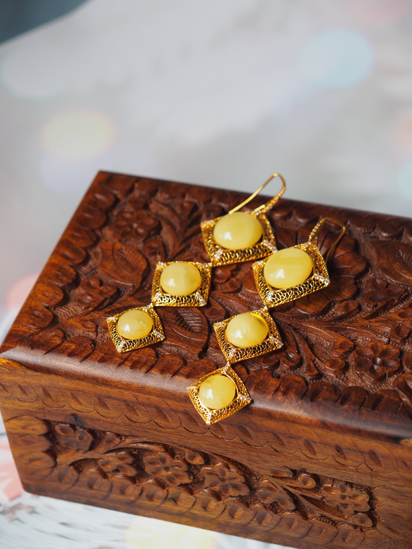 Butterscotch Amber Triple Square Dangling Earrings with Zirconia in Gold Plated Silver