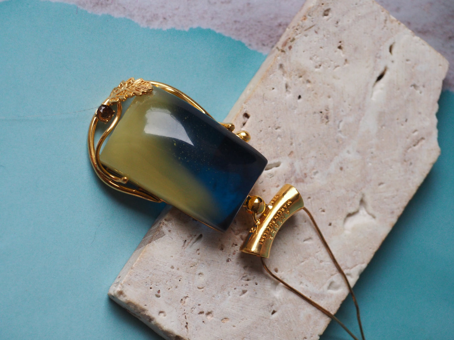 Big Unique Blue Amber Rectangle Pendant with Milk Inclusion in Gold Plated Silver