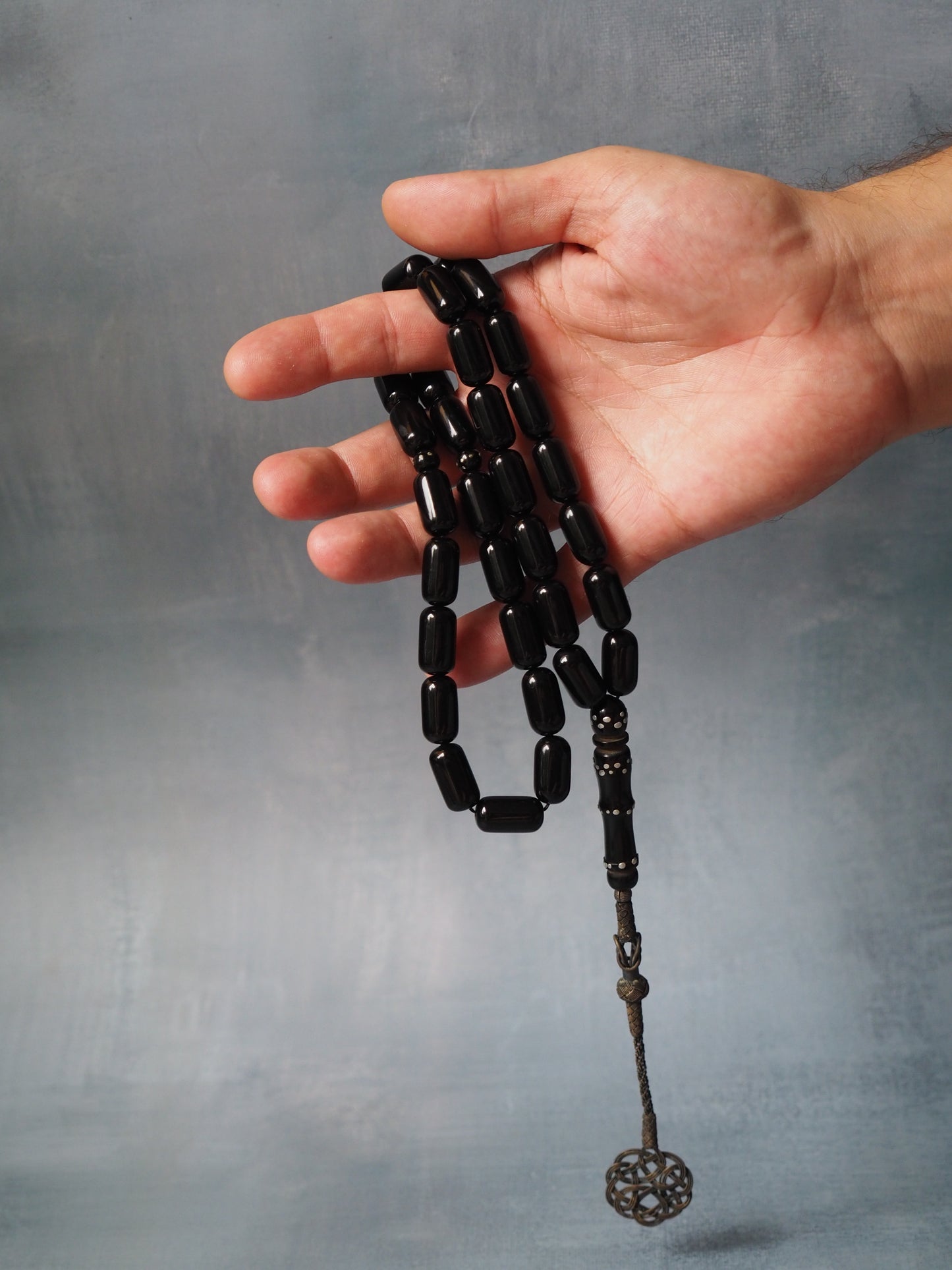 Black Bakelite Tasbih with Aluminum Dots and Silver Tassel 33 Beads