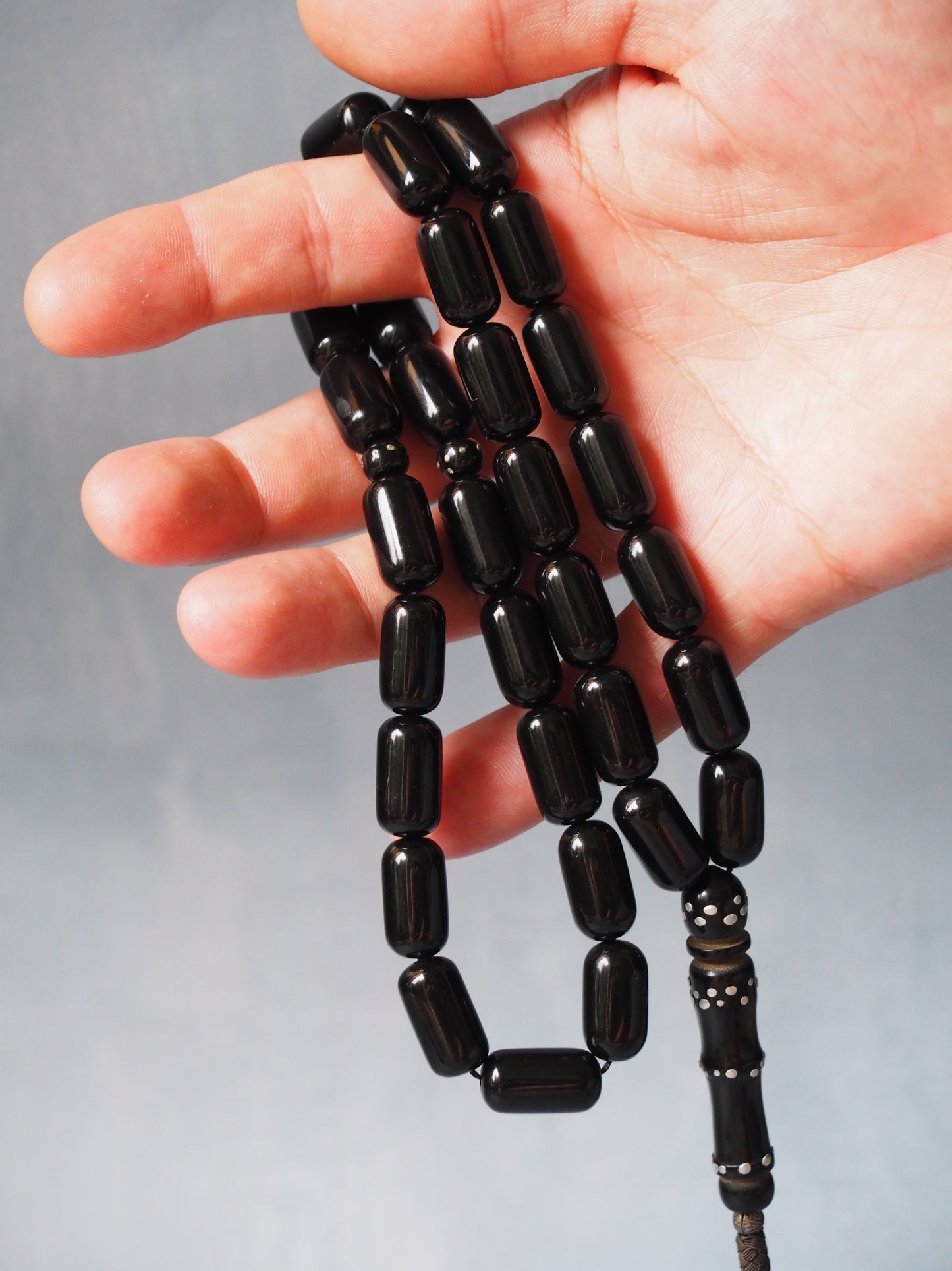 Black Bakelite Tasbih with Aluminum Dots and Silver Tassel 33 Beads