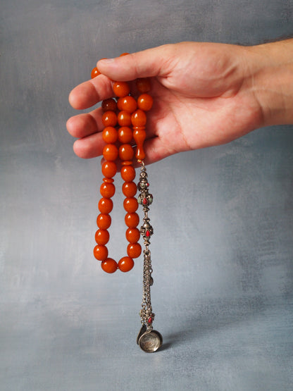 Dark Yellow Antique Bakelite Rosary 35 Beads with Silver Tassel