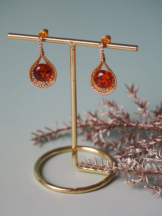 Tear Shaped Cognac Amber Earrings in Delicate Gold Plated Silver Frame with Zirconias