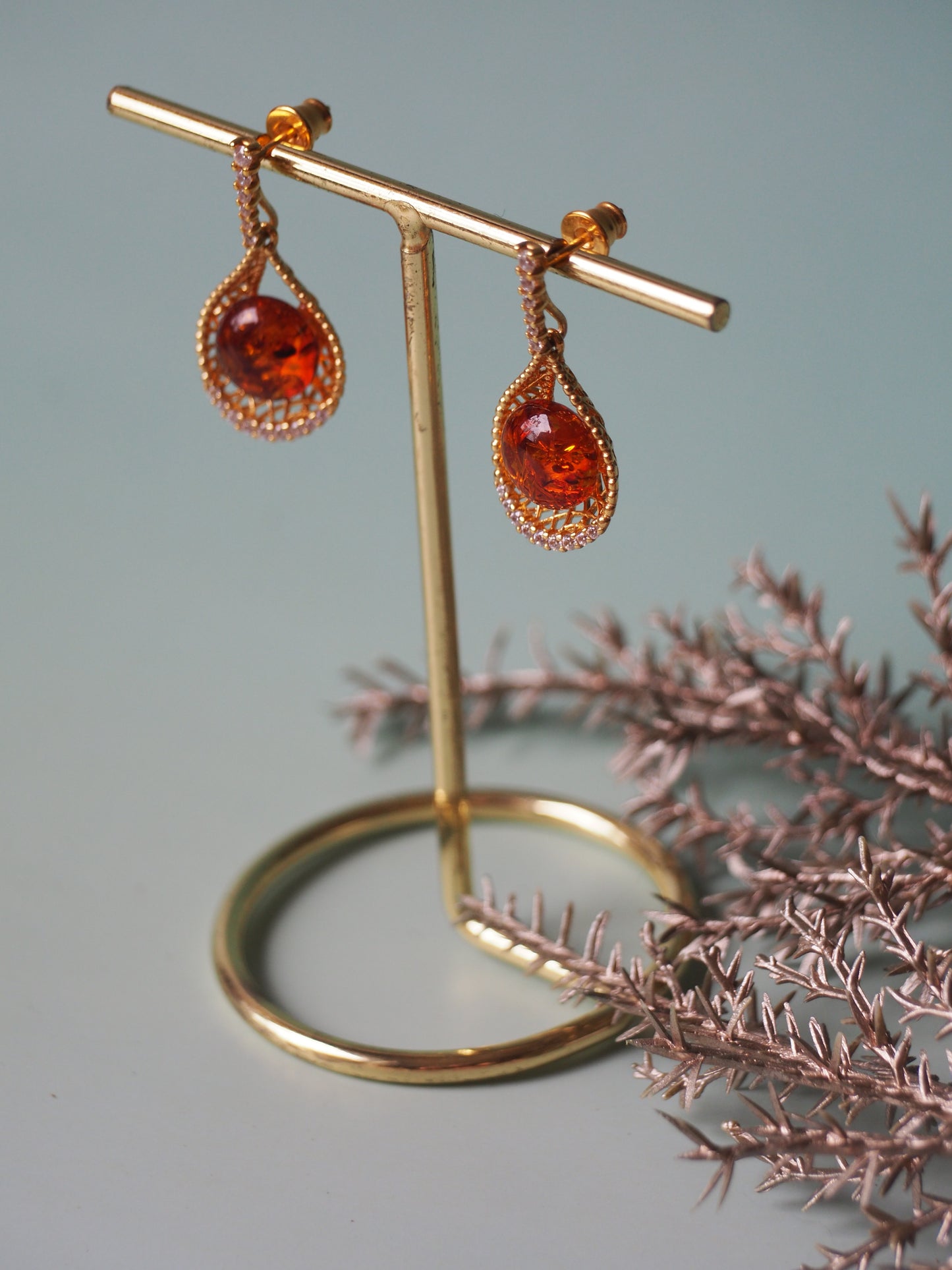 Tear Shaped Cognac Amber Earrings in Delicate Gold Plated Silver Frame with Zirconias
