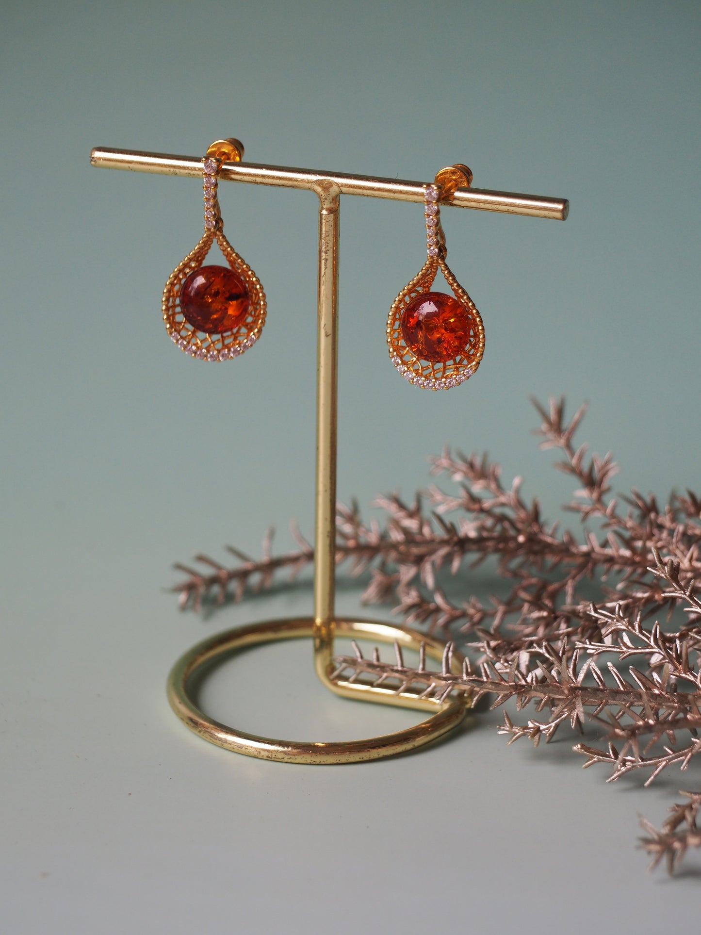Tear Shaped Cognac Amber Earrings in Delicate Gold Plated Silver Frame with Zirconias