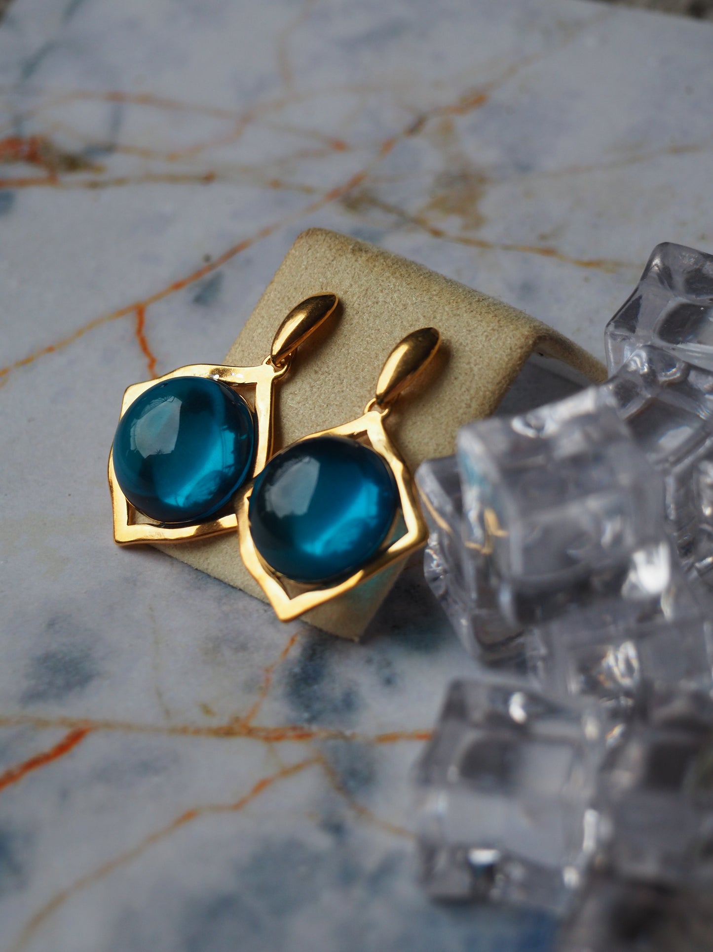 Blue Amber Square Gold Plated Stud Earrings