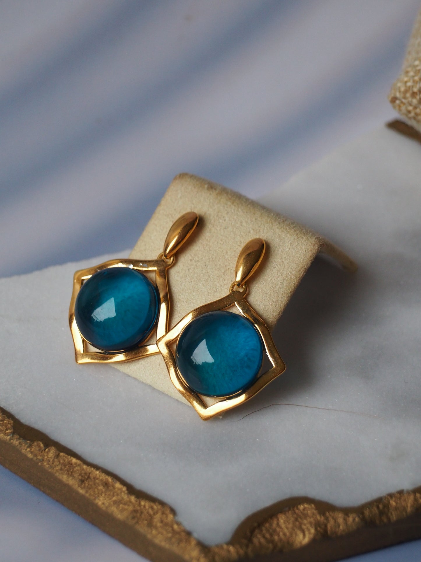 Blue Amber Square Gold Plated Stud Earrings