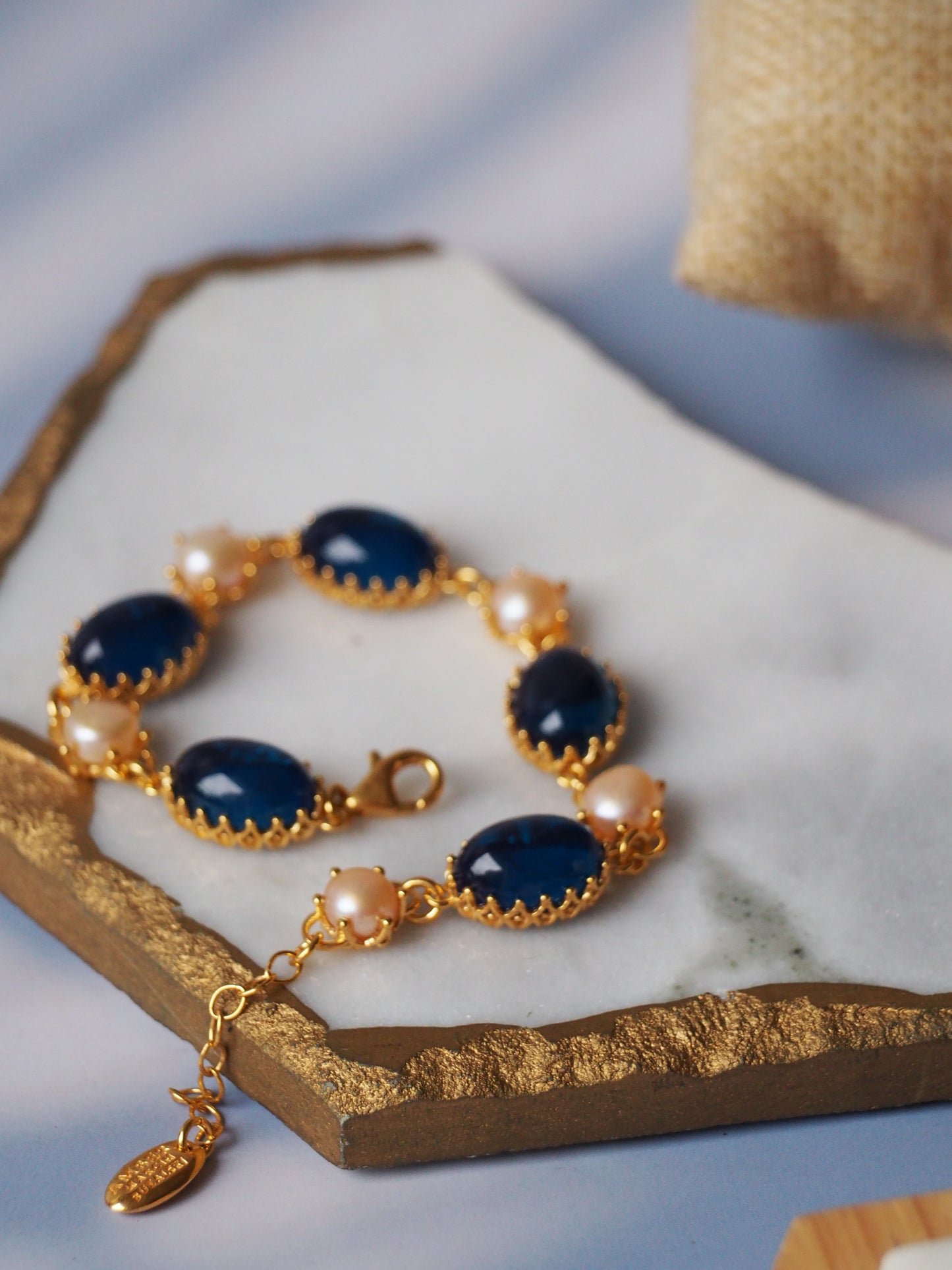 Blue Amber Bracelet with Faux Pearls