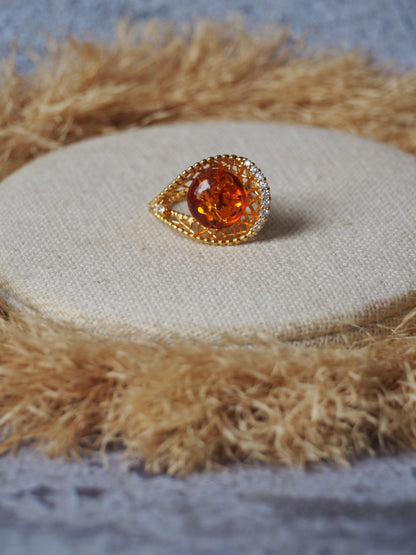 Tear Shaped Cognac Amber Adjustable Ring in Gold Plated Silver with Zirconias