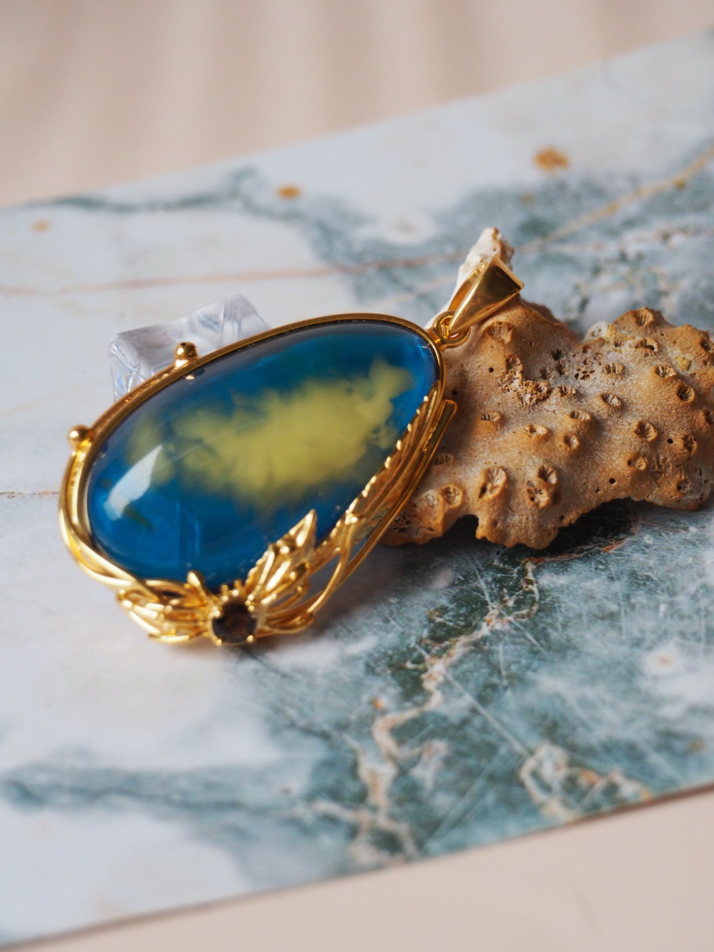 Unique Blue Amber Pendant with Milk Inclusion and Amethyst in Gold Plated Silver