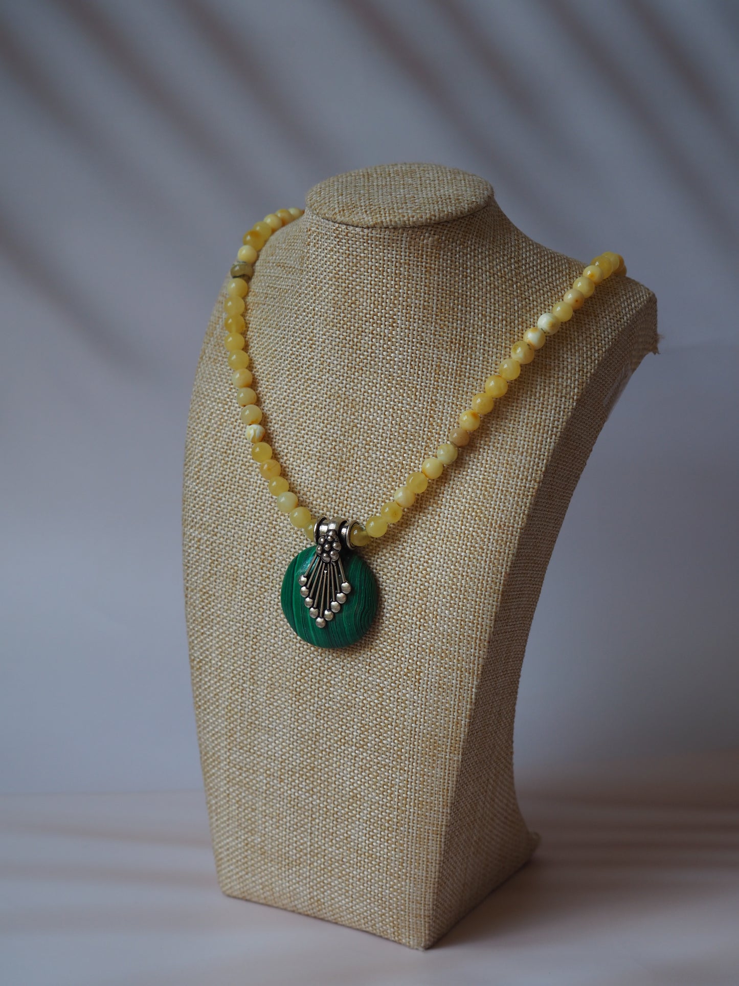 Natural Multicolor Baltic Amber Necklace with Malachite and Silver Pendant