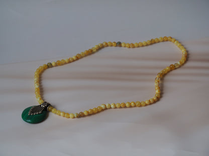 Natural Multicolor Baltic Amber Necklace with Malachite and Silver Pendant