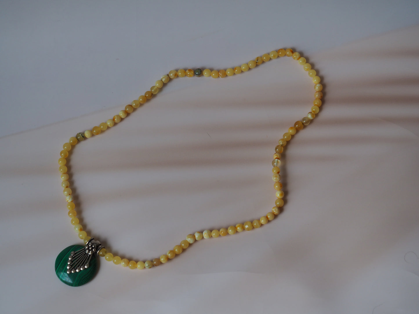 Natural Multicolor Baltic Amber Necklace with Malachite and Silver Pendant