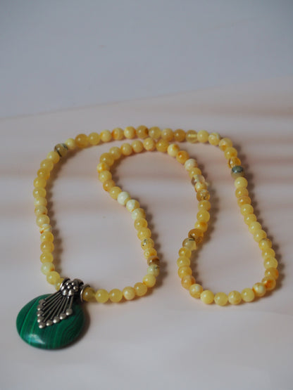 Natural Multicolor Baltic Amber Necklace with Malachite and Silver Pendant