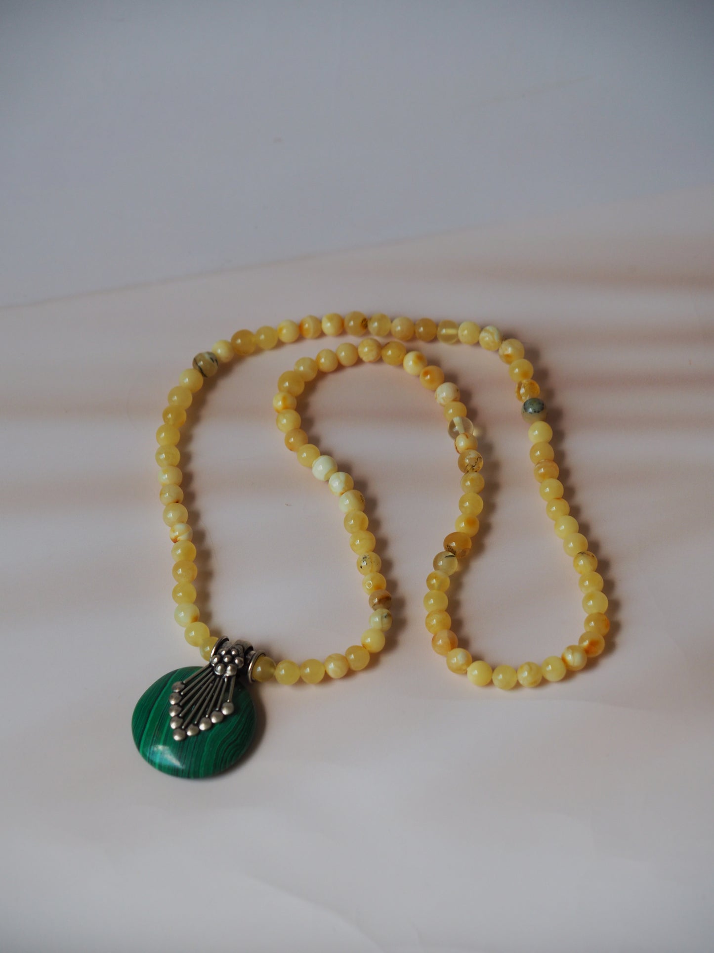 Natural Multicolor Baltic Amber Necklace with Malachite and Silver Pendant