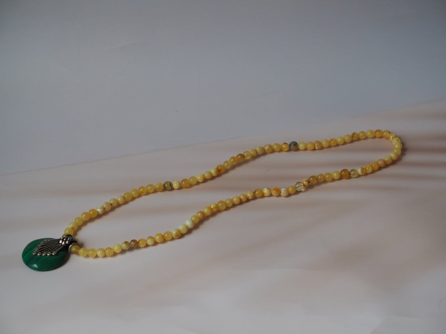 Natural Multicolor Baltic Amber Necklace with Malachite and Silver Pendant