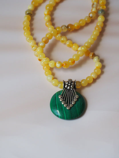 Natural Multicolor Baltic Amber Necklace with Malachite and Silver Pendant