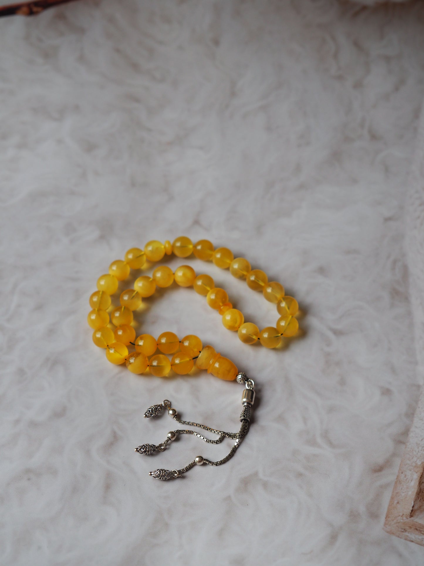 Cloudy Micro Amber Rosary with Silver Tassel 33 Beads