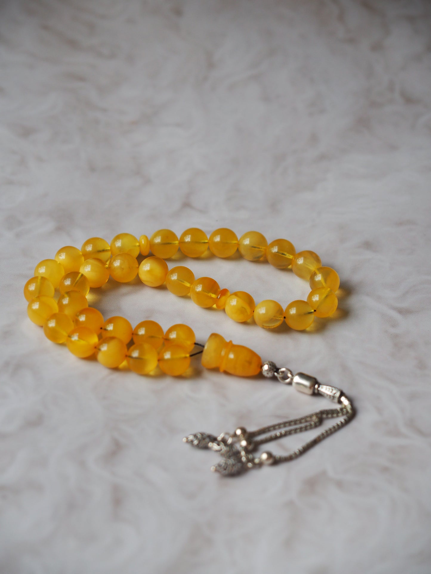 Cloudy Micro Amber Rosary with Silver Tassel 33 Beads