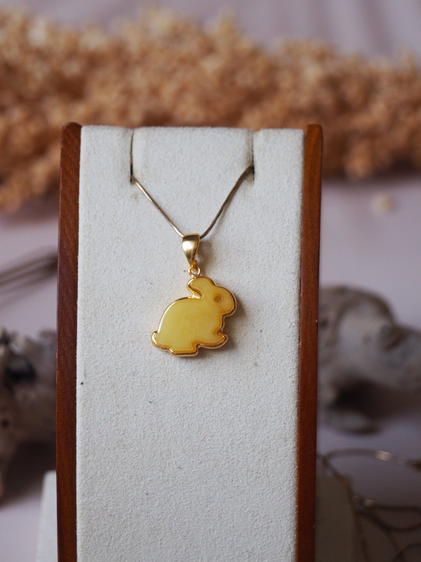 Honey Amber Rabbit Charm/ Pendant in Gold Pleated Silver