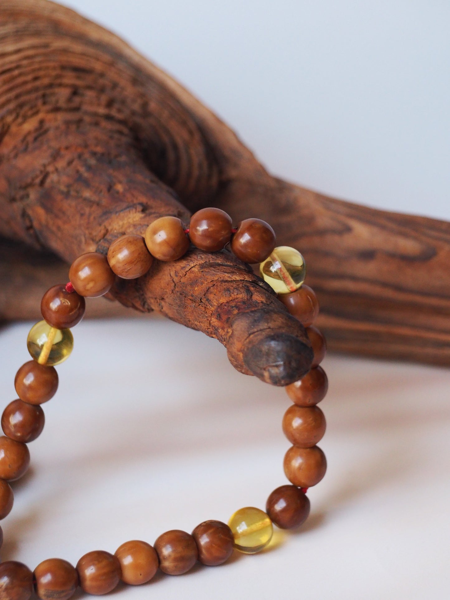 Unique Kokka Wood & Citron Amber Mala 27 Prayer Beads with Handmade Chinese Knot