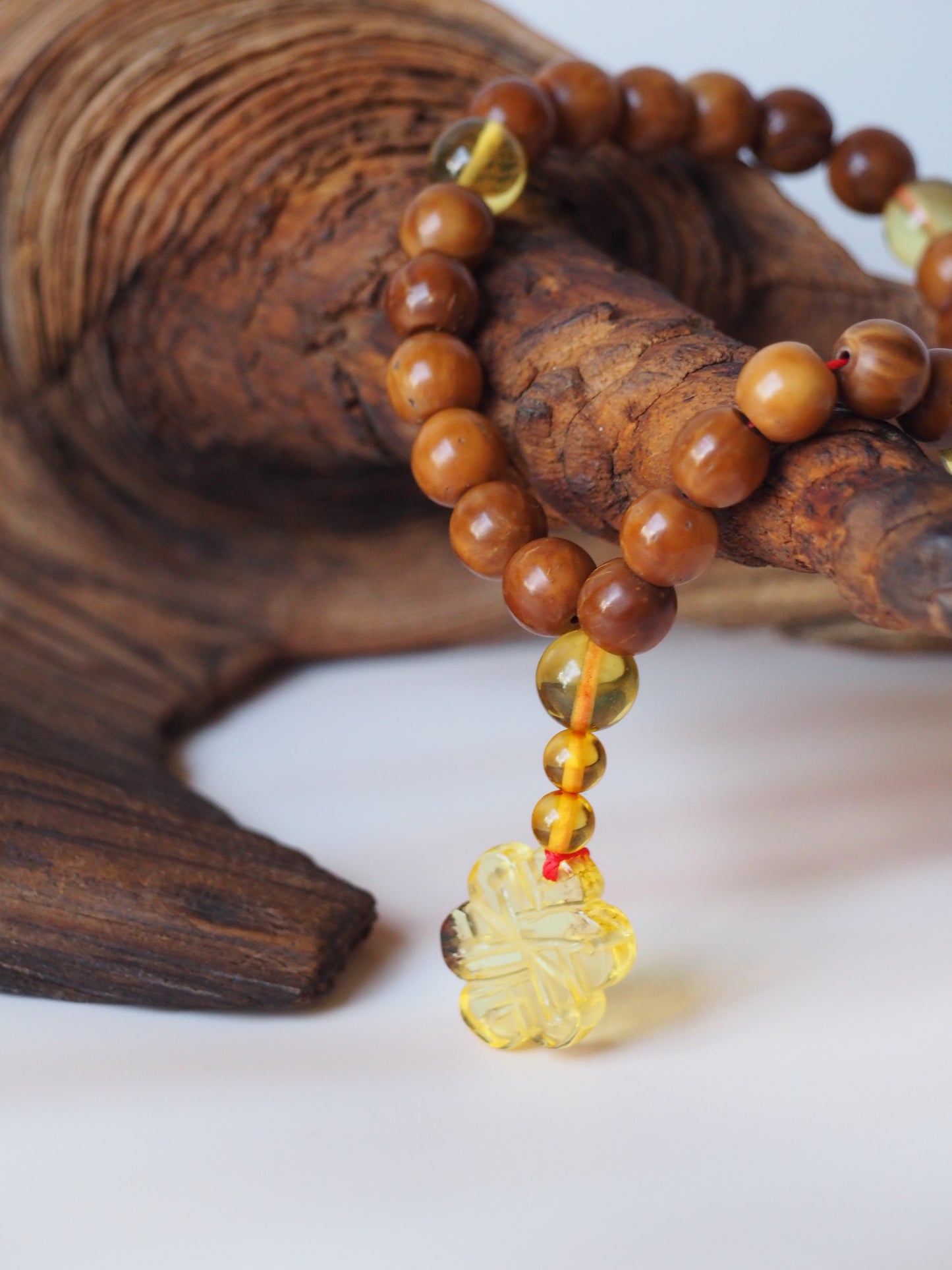 Unique Kokka Wood & Citron Amber Mala 27 Prayer Beads with Handmade Chinese Knot