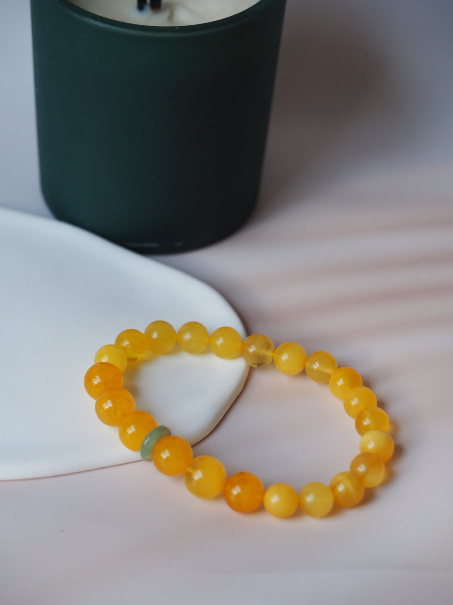 Irregular Butterscotch Round Beaded Amber Bracelet with Jade Disc